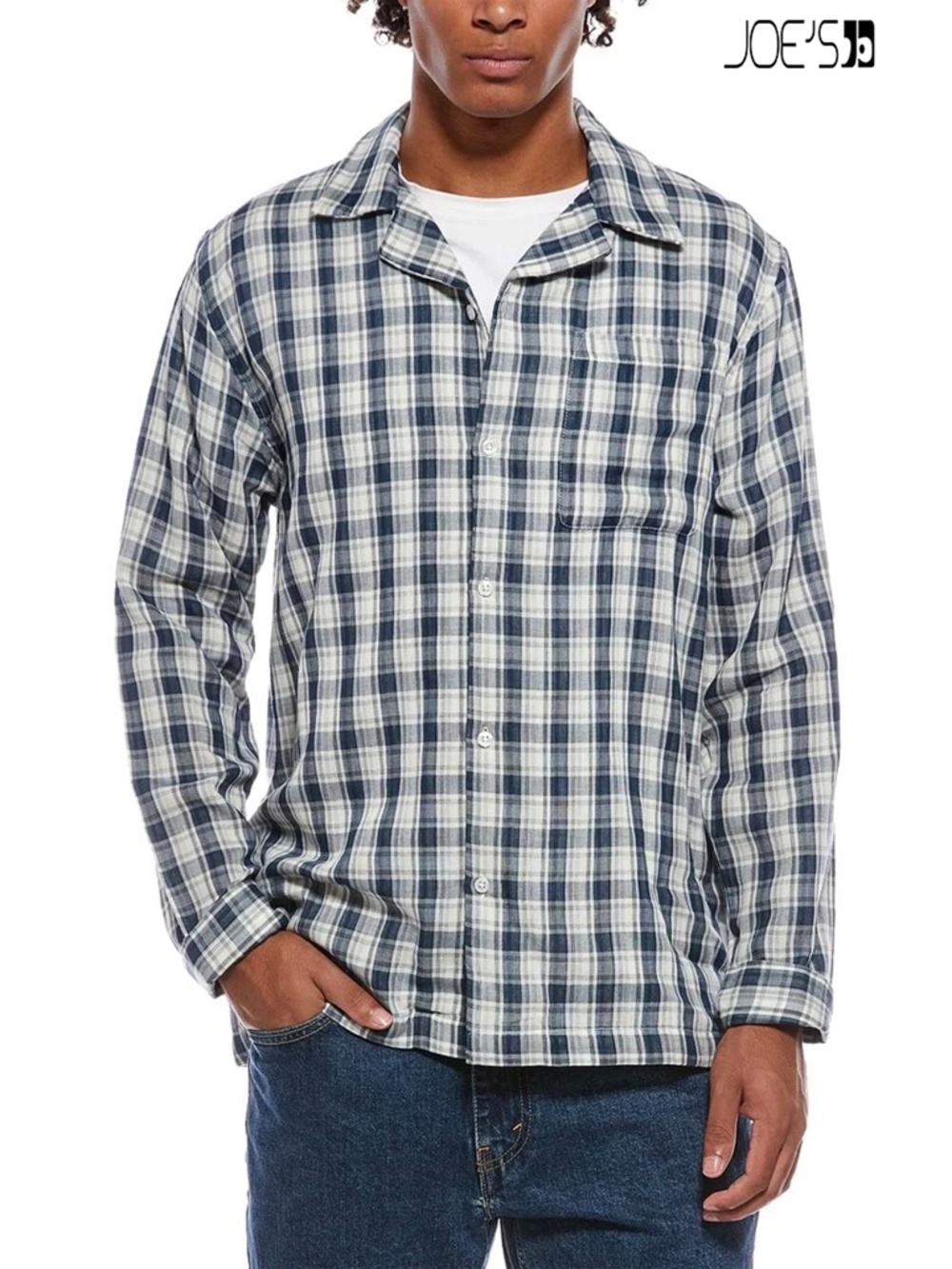 JOE'S JEANS NWT LONG SLEEVE NAVY PLAID COTTON BUTTON-UP SHIRT. SIZE L